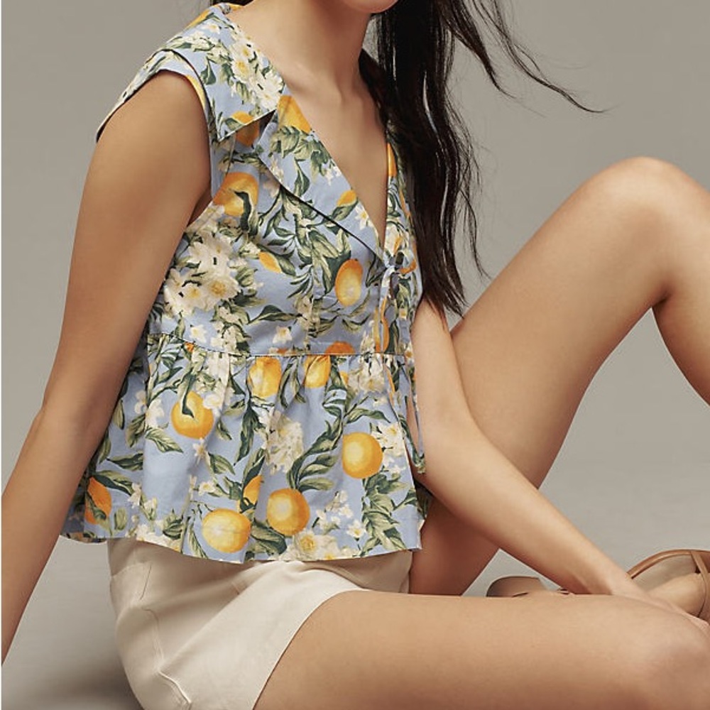 Anthropologie Blue Lemon-Print Cap-Sleeve Blouse